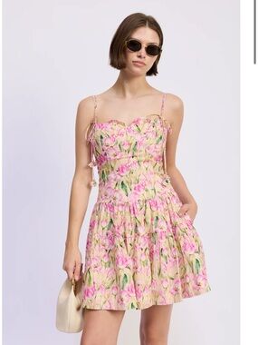 en saison arya pink tulip floral print tie shoulder tiered mini sun dress small
